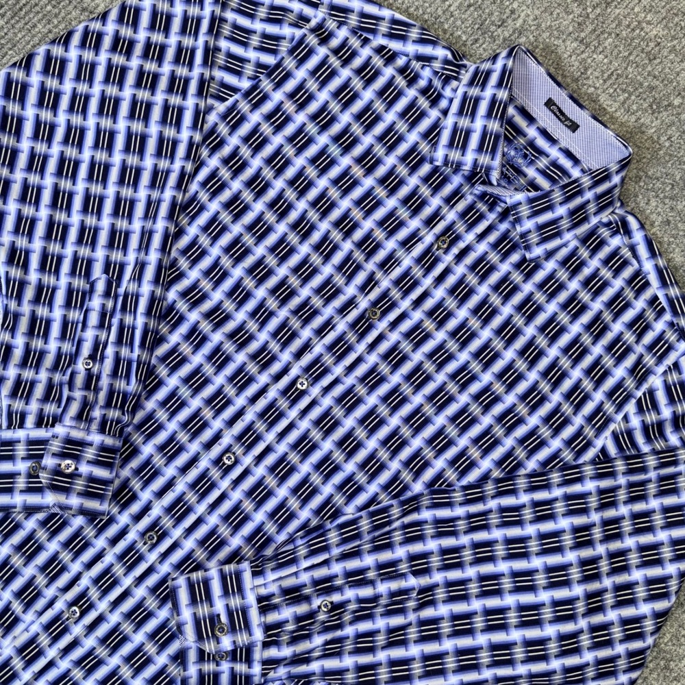 Bugatchi Uomo Mens Classic Fit Button Down Shirt Blue Geometric Pattern L